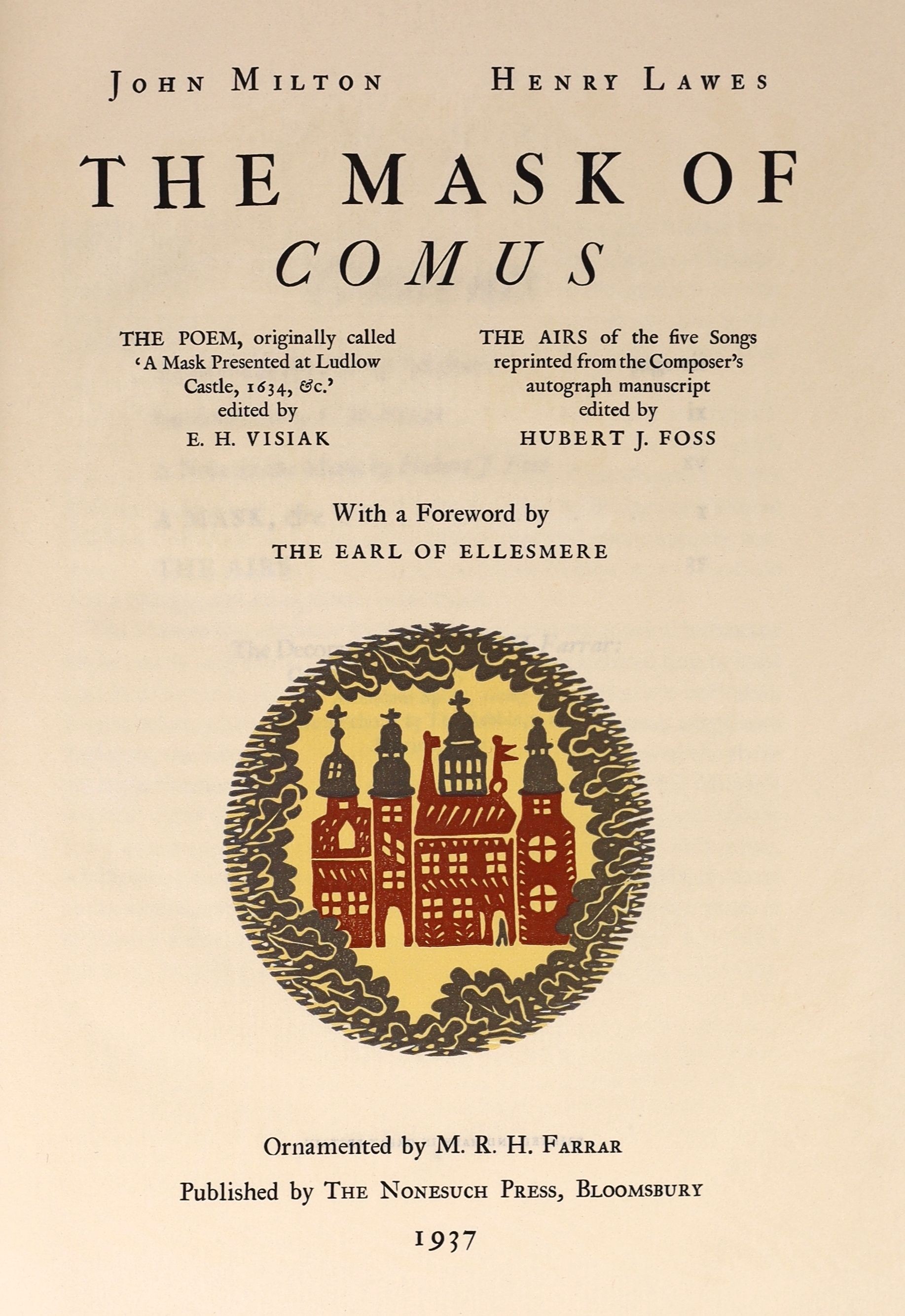 Nonesuch Press - Milton, John - The Mask of Comus, one of 950, folio, faux vellum with yapped edges, illustrated with 5 plates by M.R.H. Farrar, London, 1937, in slip case.